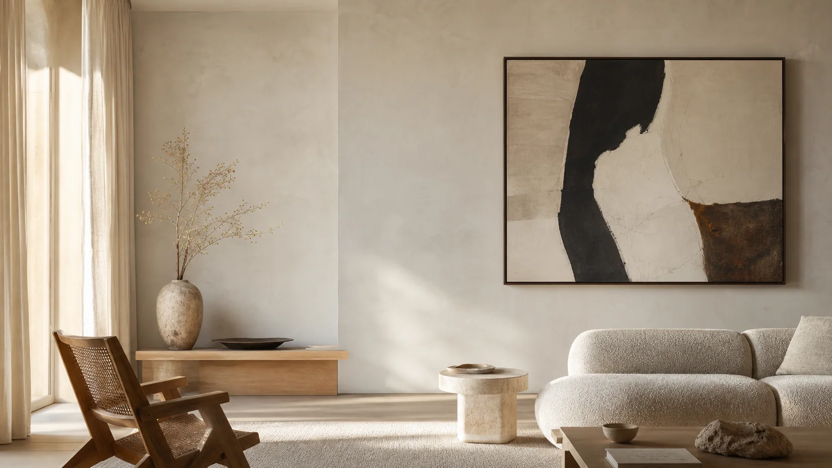 Warm Japandi living room with a large neutral abstract print
