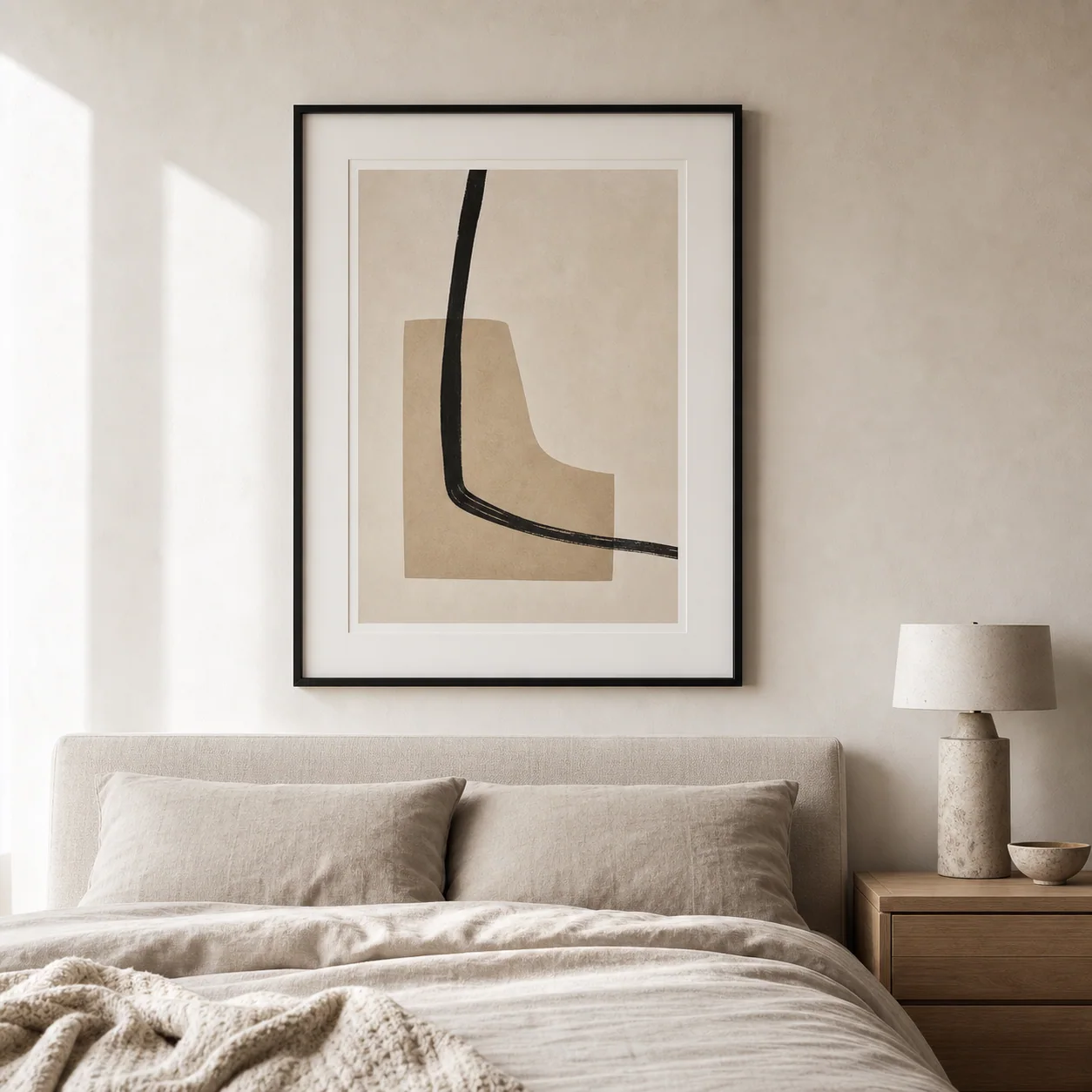 Abstract framed print in a serene bedroom